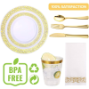 175 Piece Gold Dinnerware Set 25 Guest-50 Gold Lace Plastic Plates-25 Gold Plastic Silverware-25 Gold Plastic Cups-25 Linen Feel Gold Paper Napkins, F